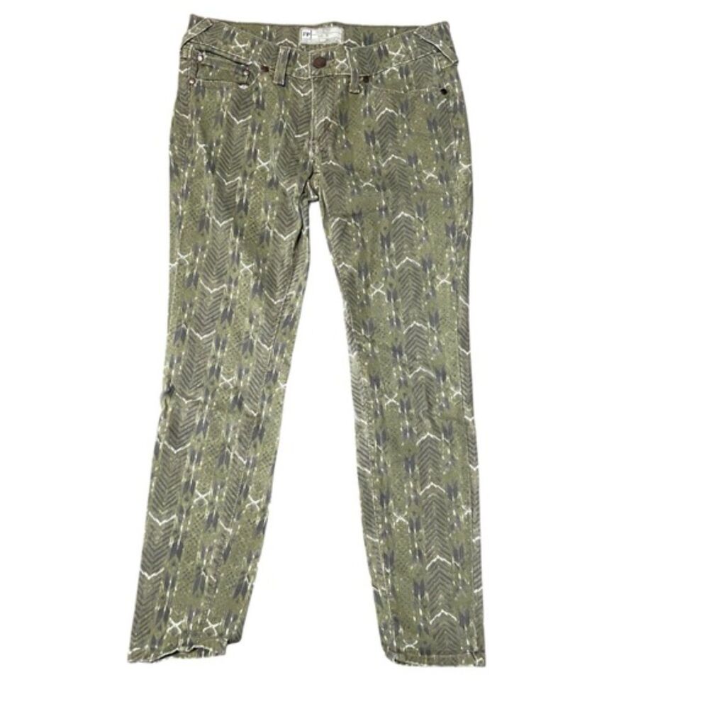 Free People Tribal Arrow Print Slim Fit Green Jean Pants Size 27